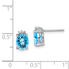 Rhodium-plated Sterling Silver Oval Blue Topaz and Diamond Post Earrings