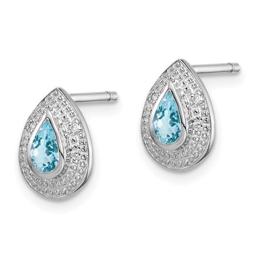 Rhodium-plated Sterling Silver Light Swiss Blue Topaz and Diamond Post Earrings