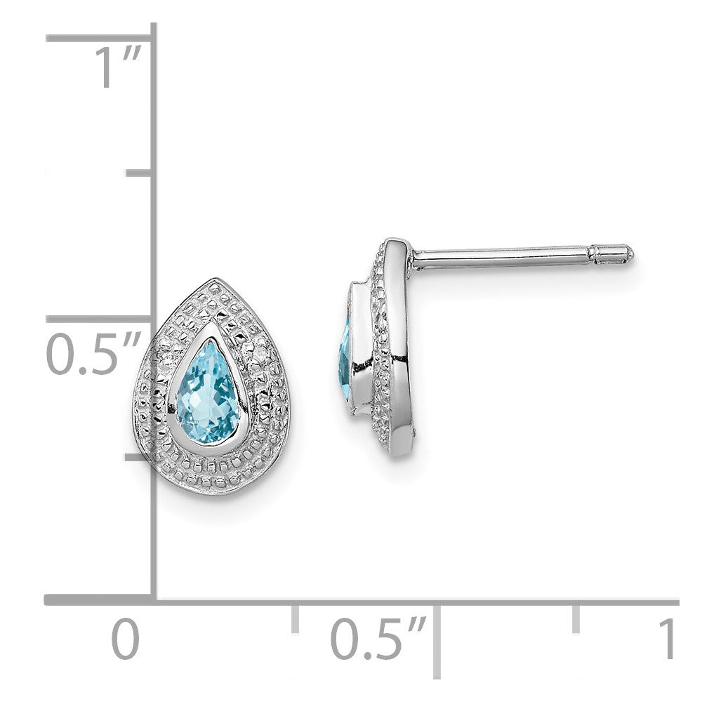 Rhodium-plated Sterling Silver Light Swiss Blue Topaz and Diamond Post Earrings