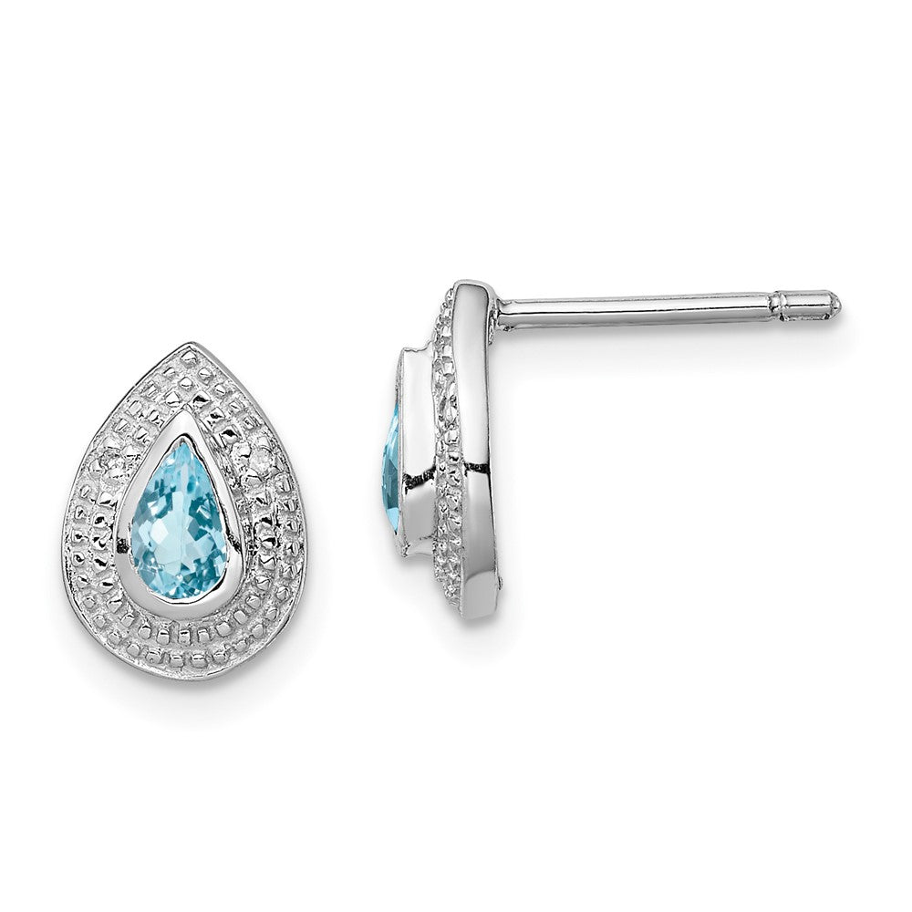 Rhodium-plated Sterling Silver Light Swiss Blue Topaz and Diamond Post Earrings