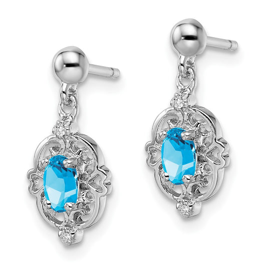 Rhodium-plated Sterling Silver Blue Topaz and Diamond Post Earrings