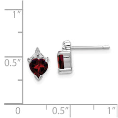 Rhodium-plated Sterling Silver Heart Garnet and Diamond Post Earrings