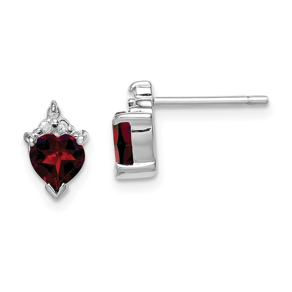 Rhodium-plated Sterling Silver Heart Garnet and Diamond Post Earrings