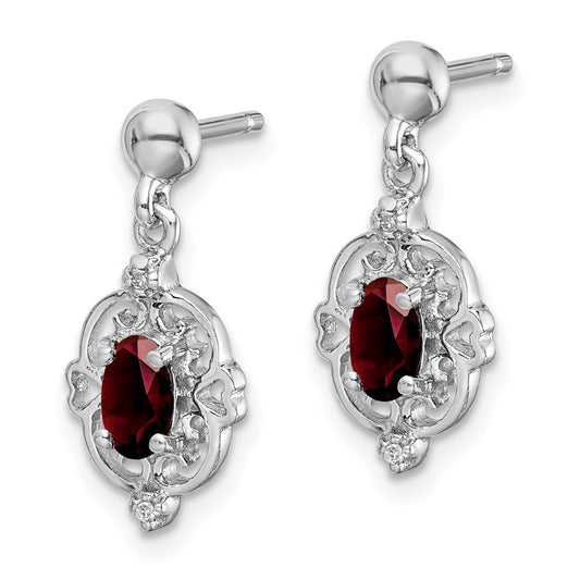 Rhodium-plated Sterling Silver Pear Garnet and Diamond Post Earrings