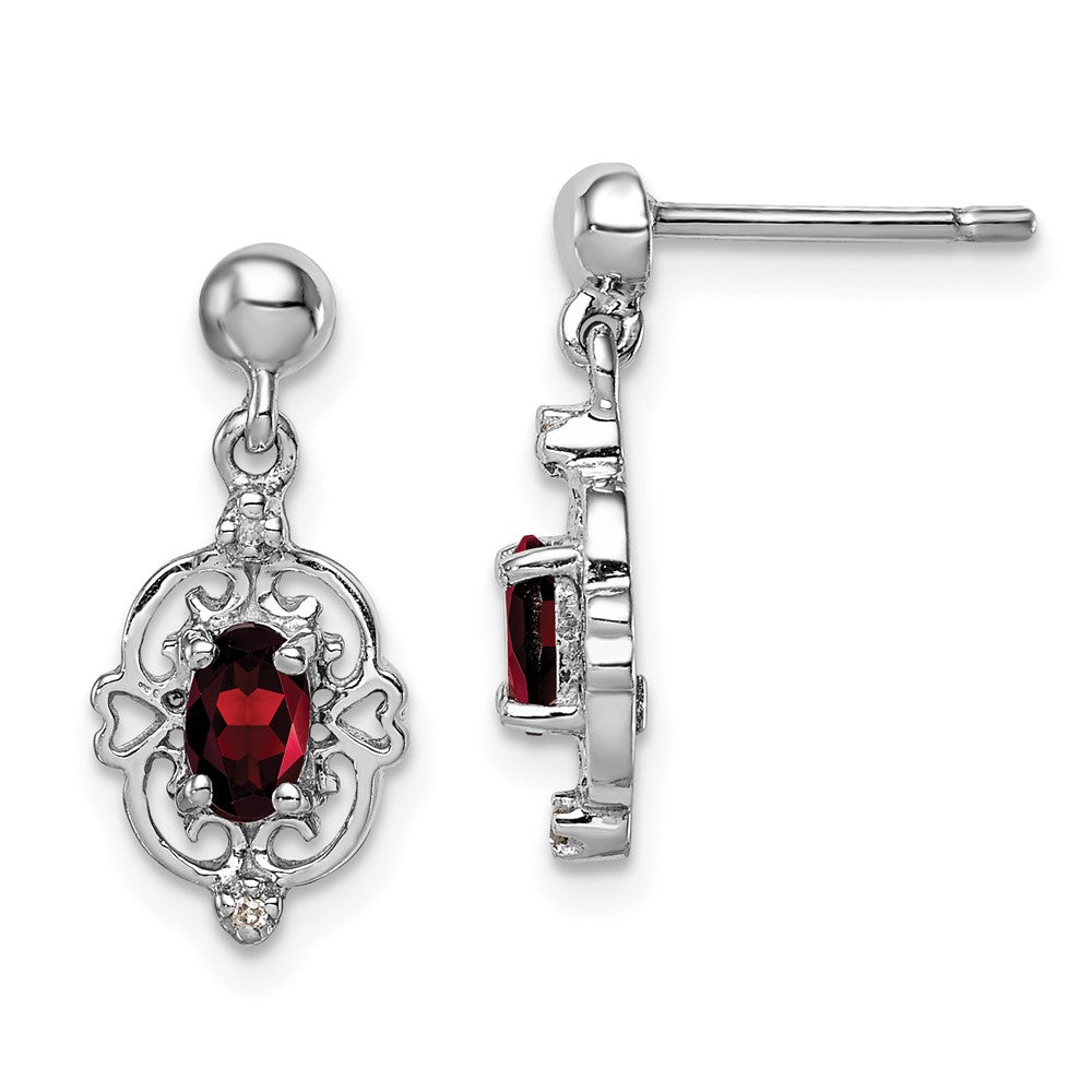 Rhodium-plated Sterling Silver Pear Garnet and Diamond Post Earrings