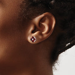 Rhodium-plated Sterling Silver Garnet Flower Post Earrings