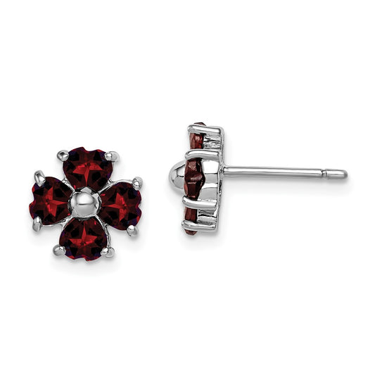 Rhodium-plated Sterling Silver Garnet Flower Post Earrings