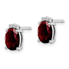 Rhodium-plated Sterling Silver Oval Garnet and Diamond Post Earrings