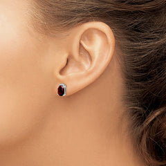 Rhodium-plated Sterling Silver Oval Garnet and Diamond Post Earrings