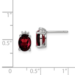 Rhodium-plated Sterling Silver Oval Garnet and Diamond Post Earrings