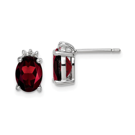 Rhodium-plated Sterling Silver Oval Garnet and Diamond Post Earrings