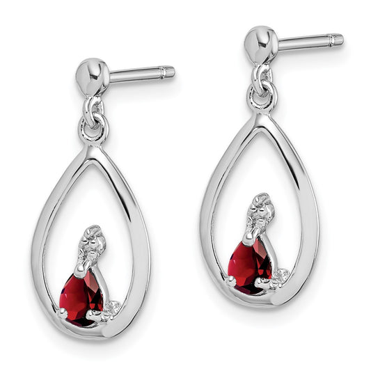 Rhodium-plated Sterling Silver Garnet and Diamond Post Earrings