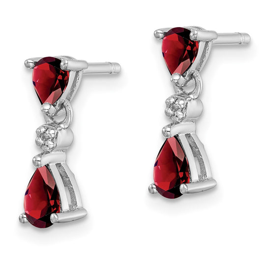 Rhodium-plated Sterling Silver Pear Garnet and Diamond Post Earrings