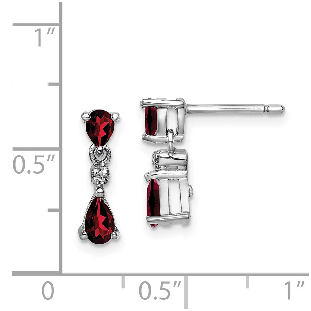 Rhodium-plated Sterling Silver Pear Garnet and Diamond Post Earrings