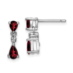 Rhodium-plated Sterling Silver Pear Garnet and Diamond Post Earrings