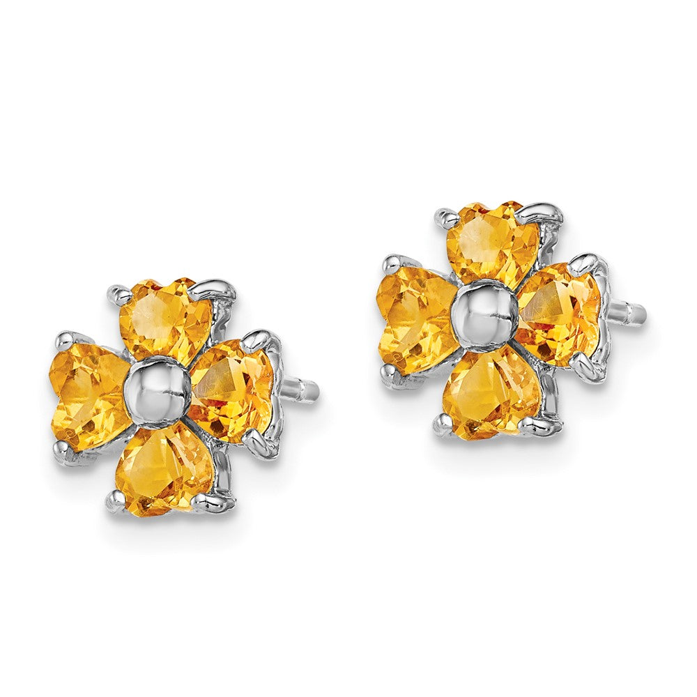 Rhodium-plated Sterling Silver Citrine Flower Post Earrings