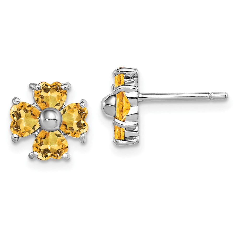 Rhodium-plated Sterling Silver Citrine Flower Post Earrings