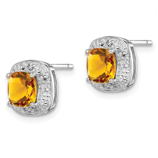 Rhodium-plated Sterling Silver Citrine and Diamond Post Earrings