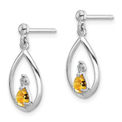Rhodium-plated Sterling Silver Pear Citrine and Diamond Post Earrings