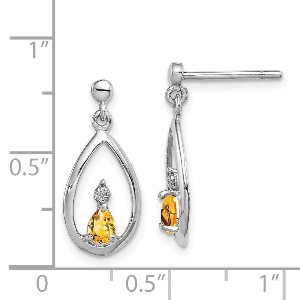 Rhodium-plated Sterling Silver Pear Citrine and Diamond Post Earrings