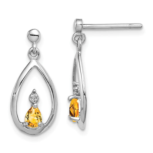 Rhodium-plated Sterling Silver Pear Citrine and Diamond Post Earrings