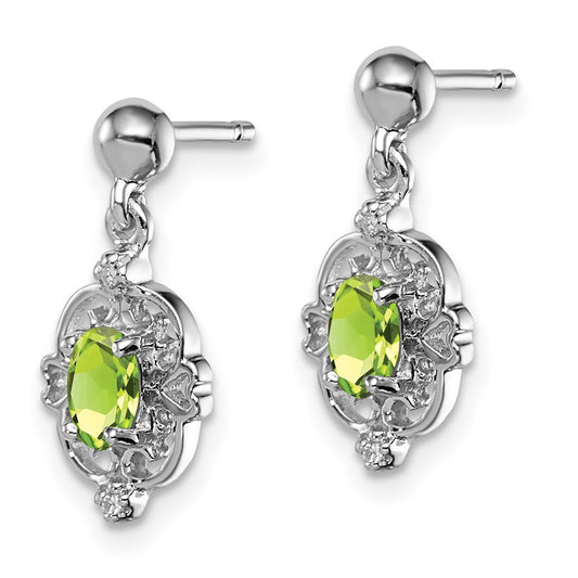 Rhodium-plated Sterling Silver Pear Peridot and Diamond Post Earrings