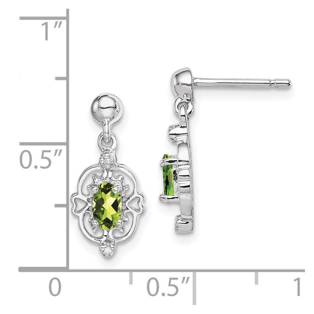 Rhodium-plated Sterling Silver Pear Peridot and Diamond Post Earrings