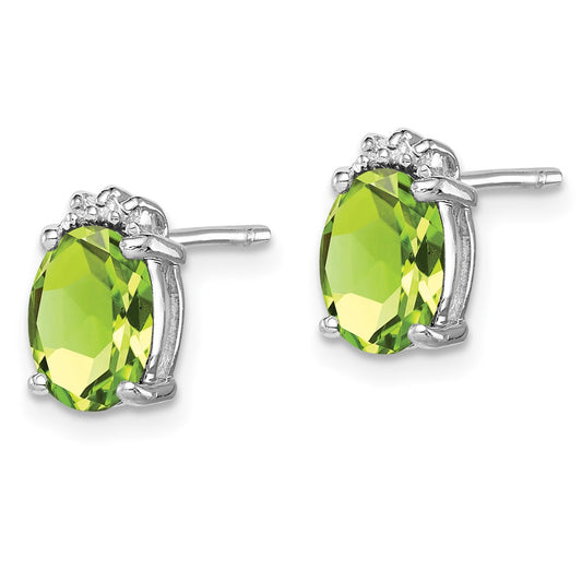 Rhodium-plated Sterling Silver Oval Peridot and Diamond Post Earrings
