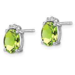 Rhodium-plated Sterling Silver Oval Peridot and Diamond Post Earrings