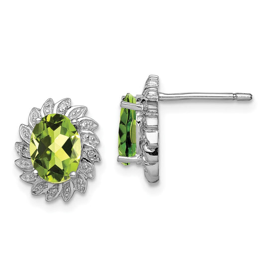 Rhodium-plated Sterling Silver Peridot and Diamond Post Earrings