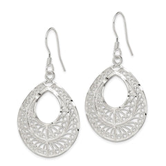 Sterling Silver Polished Textured Diamond-cut Filigree Teardrop Dangle Earrings