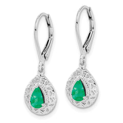 Rhodium-plated Sterling Silver Emerald Teardrop Leverback Earrings