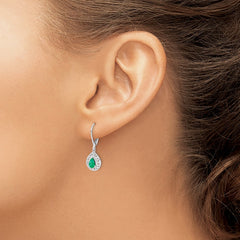 Rhodium-plated Sterling Silver Emerald Teardrop Leverback Earrings