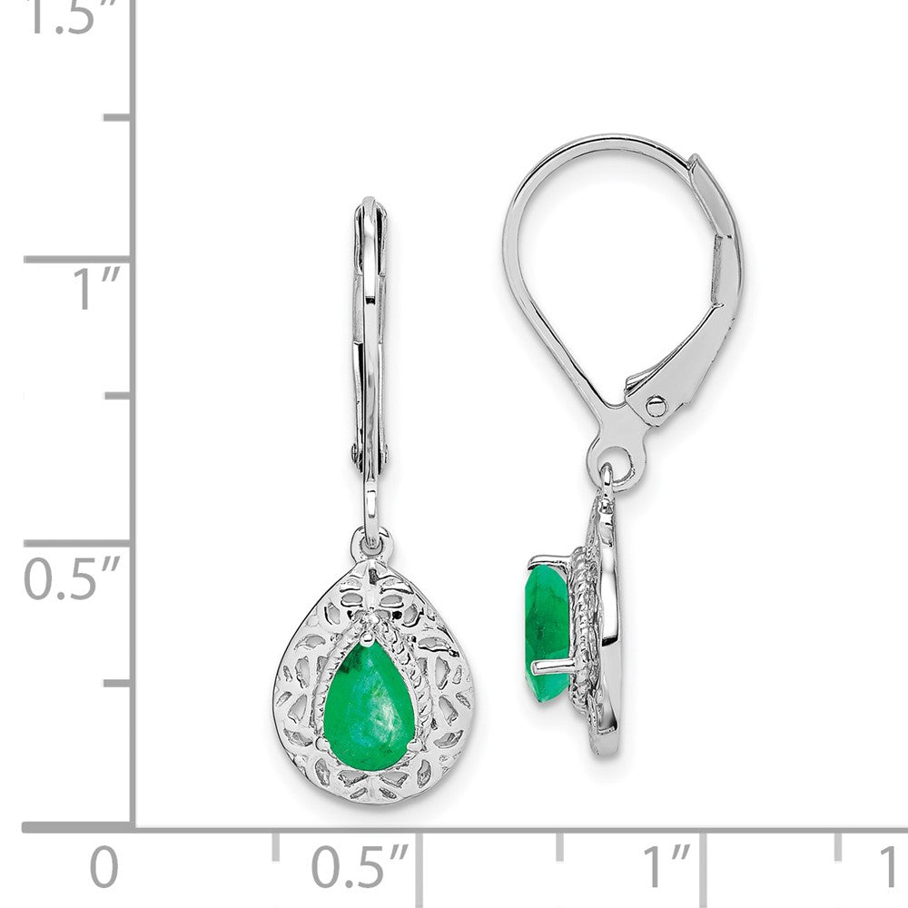 Rhodium-plated Sterling Silver Emerald Teardrop Leverback Earrings