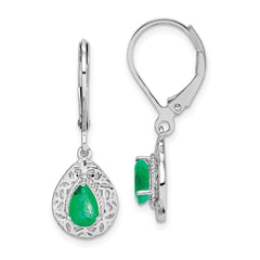 Rhodium-plated Sterling Silver Emerald Teardrop Leverback Earrings