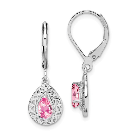 Rhodium-plated Sterling Silver Pink Tourmaline Leverback Earrings