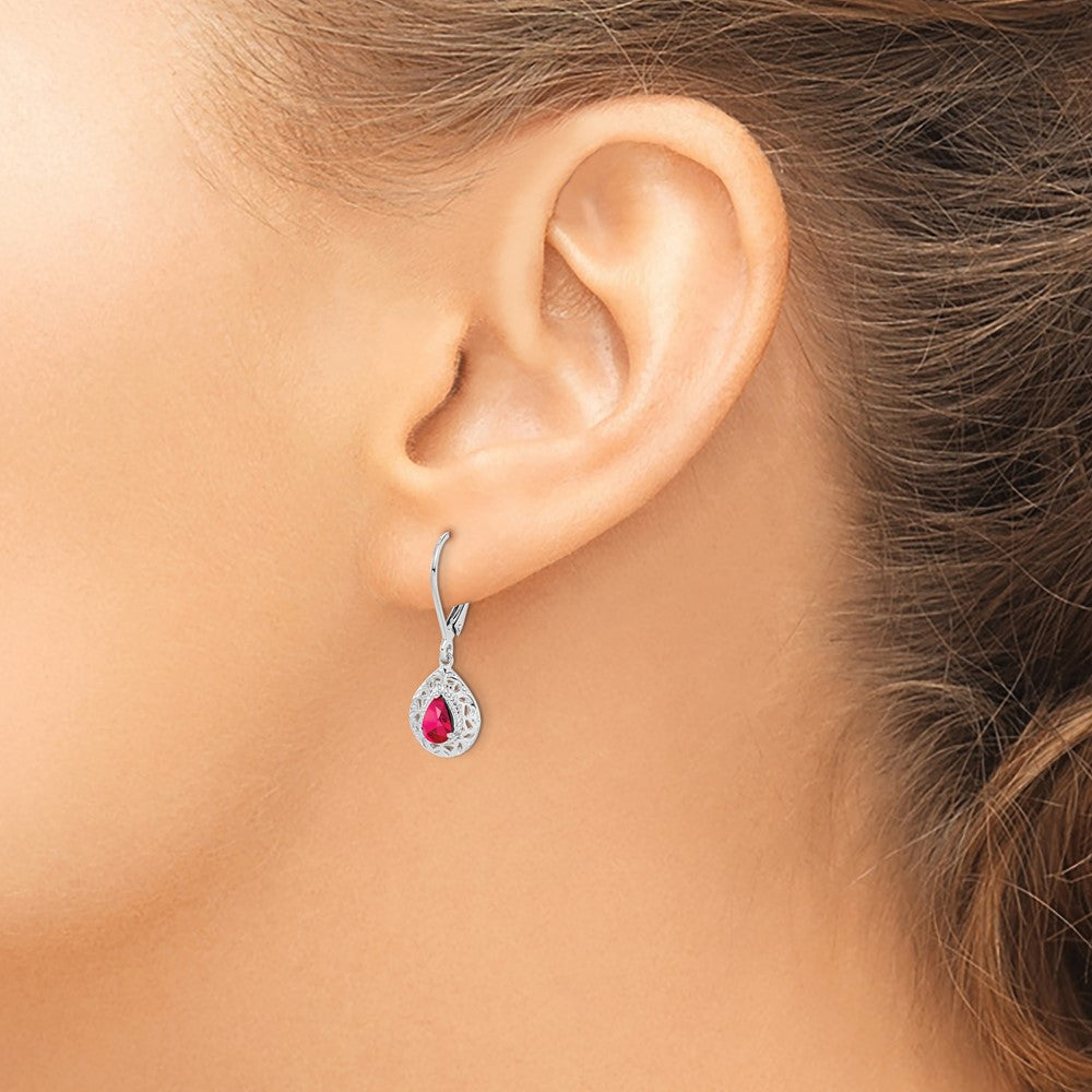 Rhodium-plated Sterling Silver Ruby Teardrop Leverback Earrings