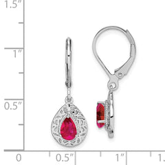 Rhodium-plated Sterling Silver Ruby Teardrop Leverback Earrings