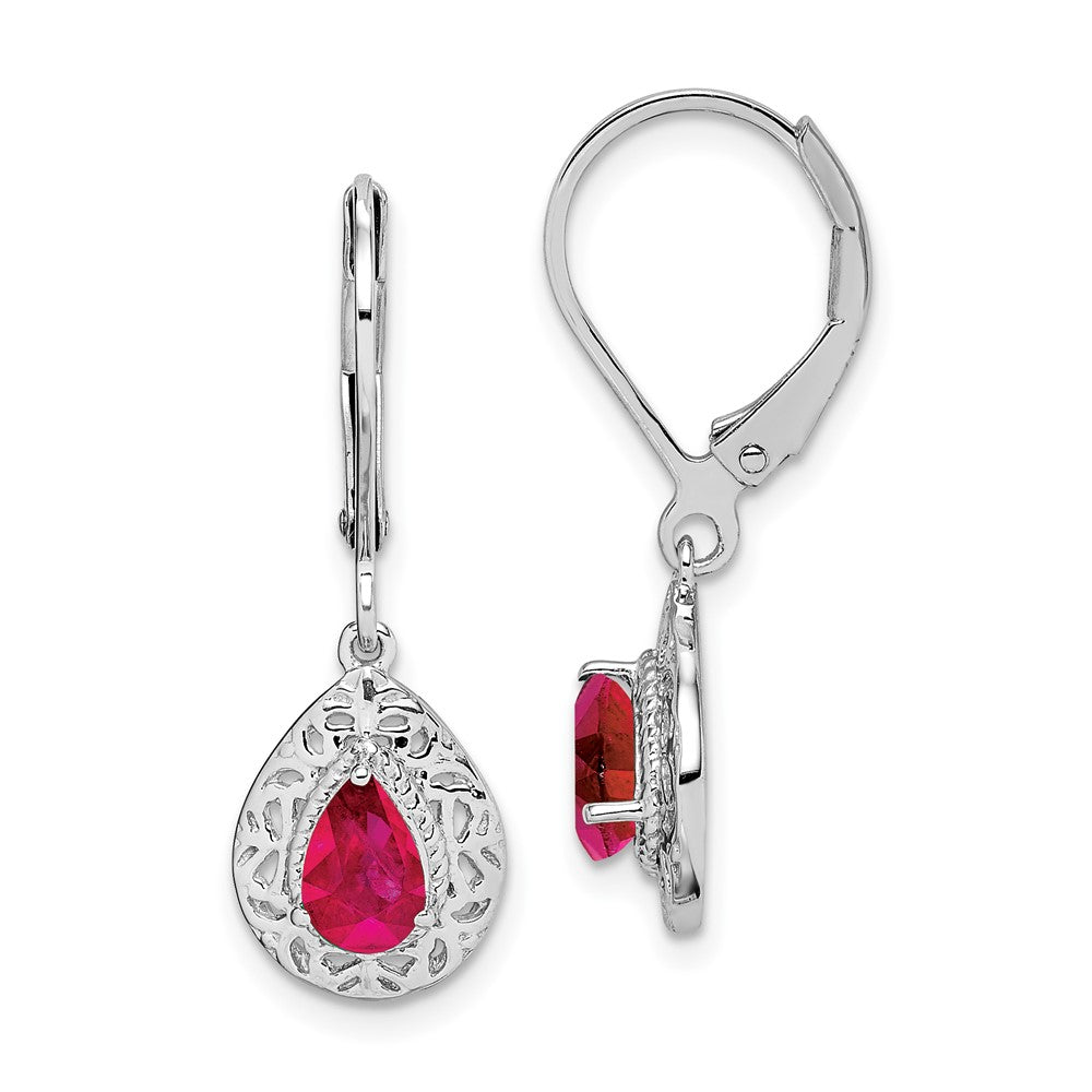 Rhodium-plated Sterling Silver Ruby Teardrop Leverback Earrings