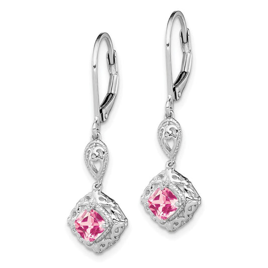 Rhodium-plated Sterling Silver Pink Tourmaline Leverback Earrings