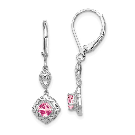 Rhodium-plated Sterling Silver Pink Tourmaline Leverback Earrings