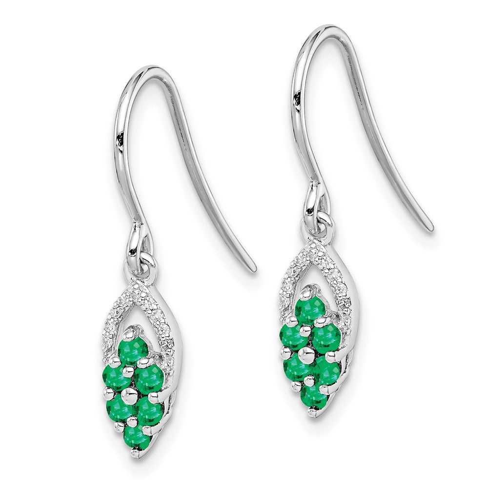 Rhodium-plated Sterling Silver Diam. & Emerald Shepherd Hook Earrings