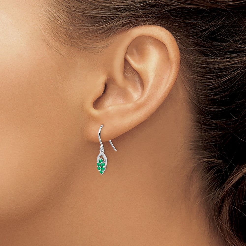 Rhodium-plated Sterling Silver Diam. & Emerald Shepherd Hook Earrings