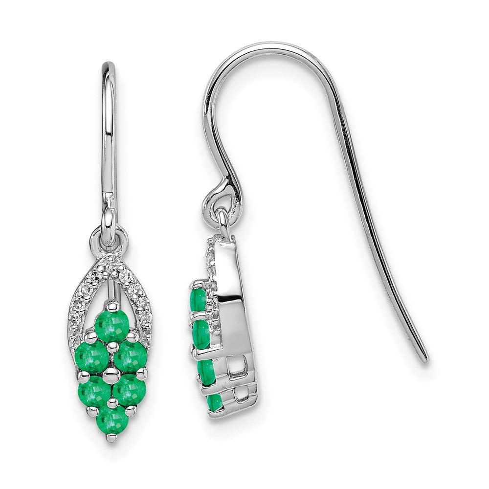 Rhodium-plated Sterling Silver Diam. & Emerald Shepherd Hook Earrings