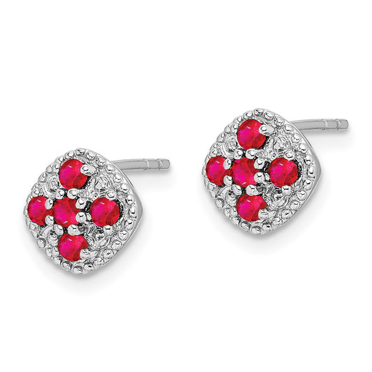 Rhodium-plated Sterling Silver Ruby Flower Post Earrings