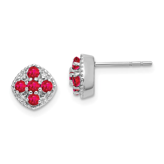 Rhodium-plated Sterling Silver Ruby Flower Post Earrings