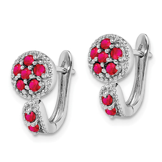 Rhodium-plated Sterling Silver Ruby Circle Hinged Earrings