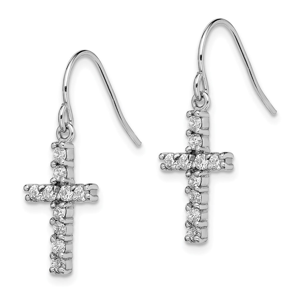 Rhodium-plated Sterling Silver CZ Cross Dangle Hook Earrings