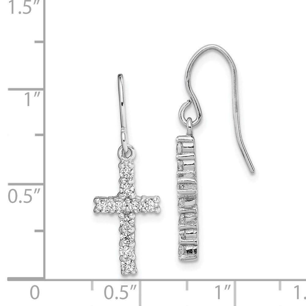 Rhodium-plated Sterling Silver CZ Cross Dangle Hook Earrings