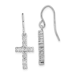 Rhodium-plated Sterling Silver CZ Cross Dangle Hook Earrings